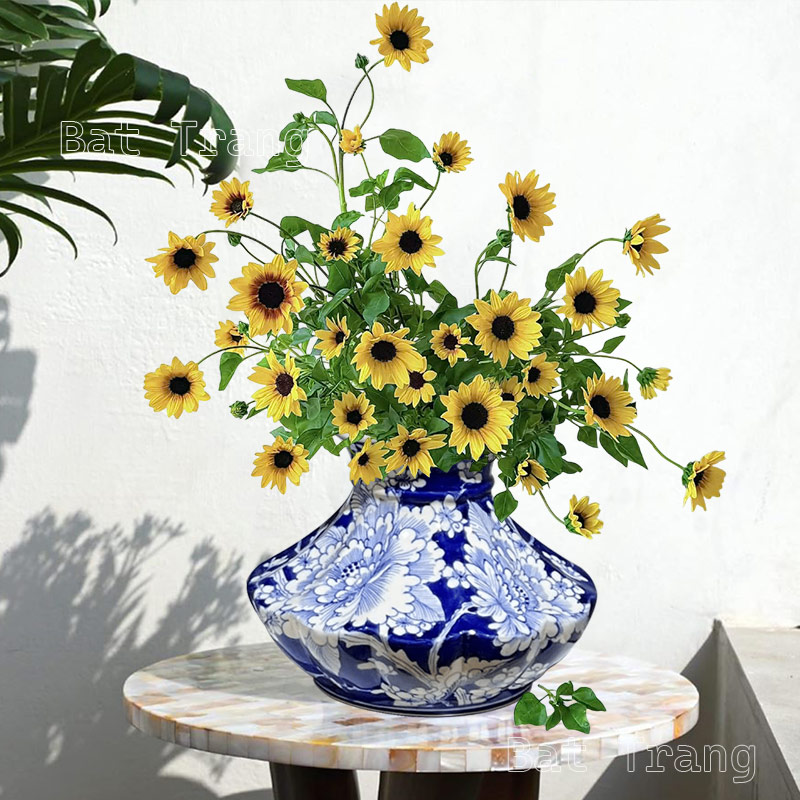 Blue and White Peony Porcelain Vase with Yellow Sunflowers