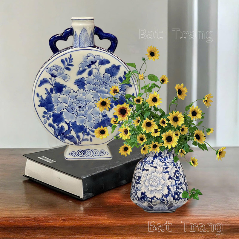 Blue and White Porcelain Moon Flask, Hand-Painted Peony Vase