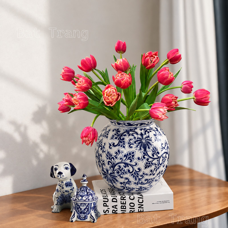 Blue and White Round Vase with Pink Tulip Bouquet for Table Decor