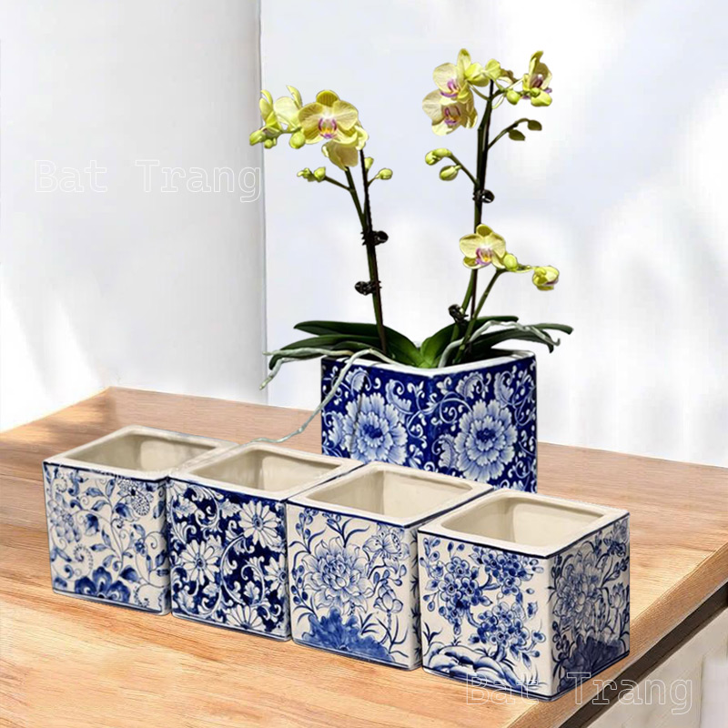 Blue and White Square Ceramic Vase, Flower Vase