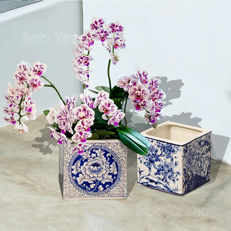 Blue and White Square Vase with Hand-Painted Patterns and Orchid Flowers