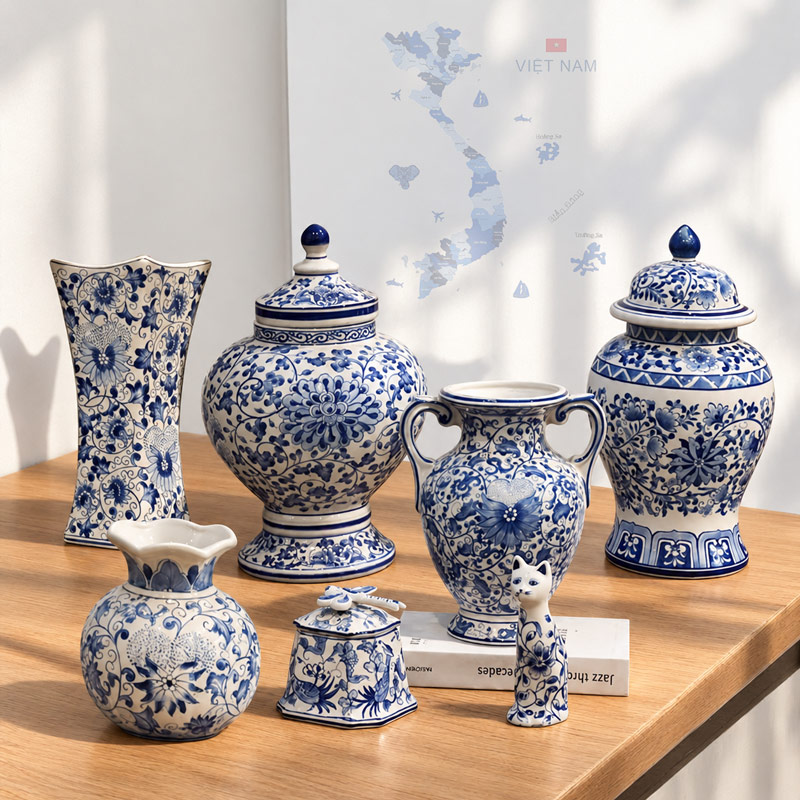Blue and White Vintage Style Vases, Handmade Flower Vase, Home Decor Vase