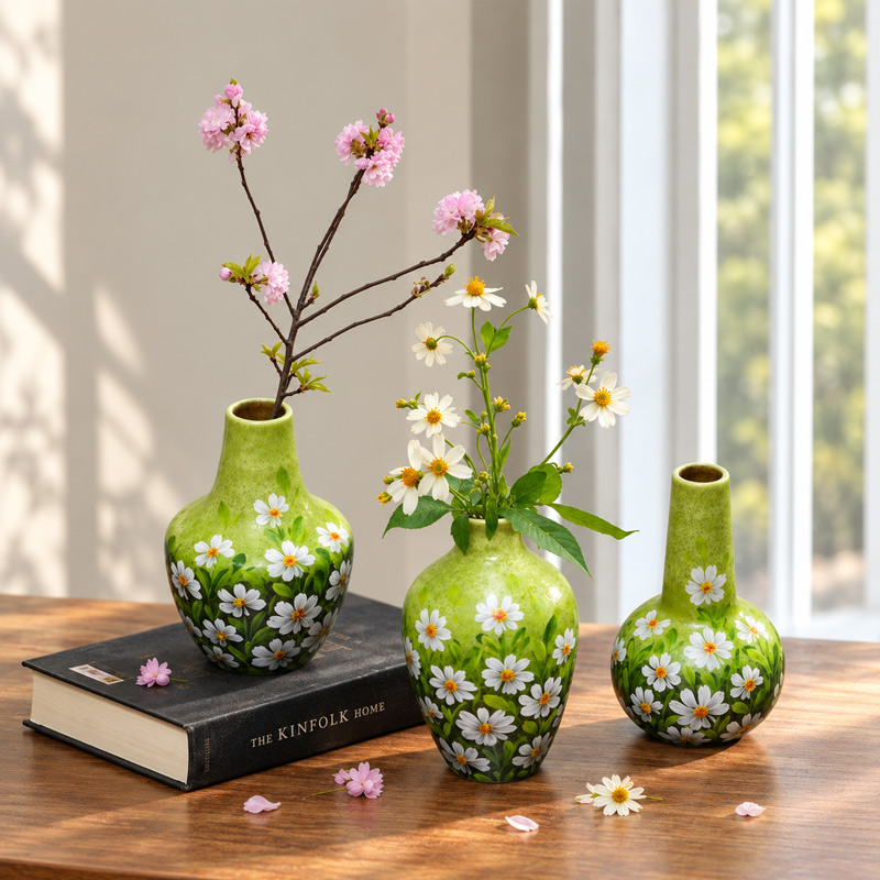 Green Ceramic Bud Vases with Cherry Blossom and Wilfflower Branch and Book