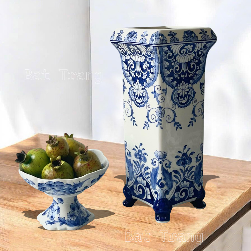 Hand-Painted Blue and White Rectangular Ceramic Vase, 12 Inch Tall Flower Vase