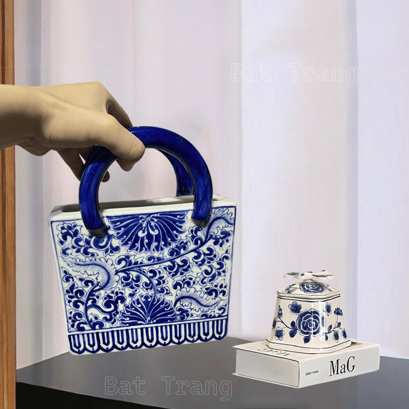 Hand-Painted Blue and White Square Handbag Flower Vase from Viet Nam