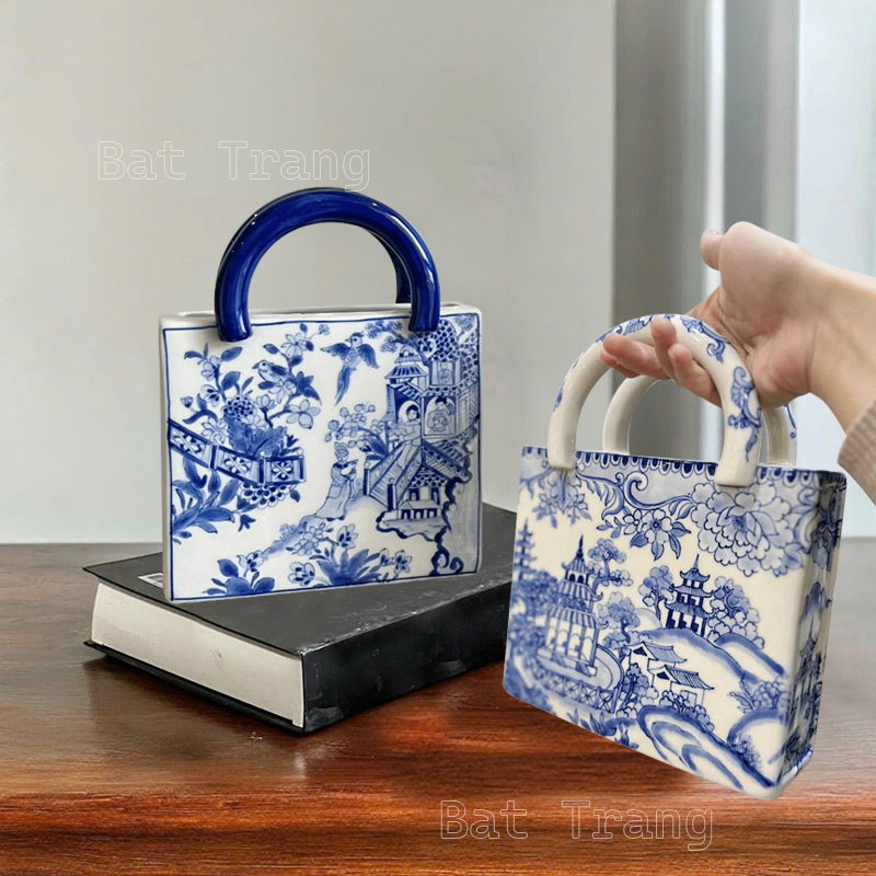 Handcrafted Blue and White Handbag Vase with Landscape Motif