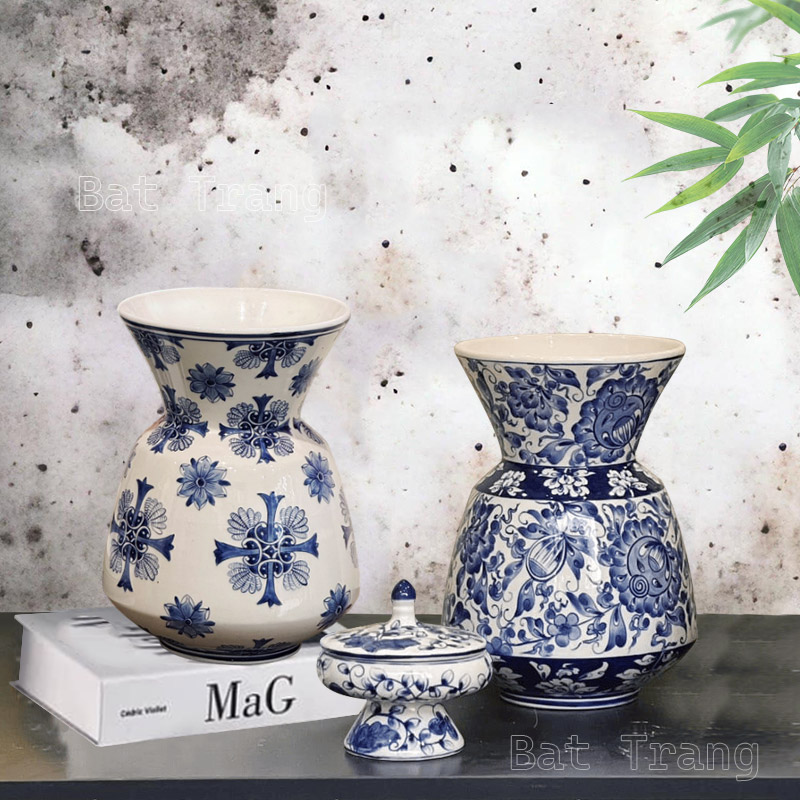 Handmade Bat Trang Flared Ceramic Vase Set – Asian Style Blue and White Vases