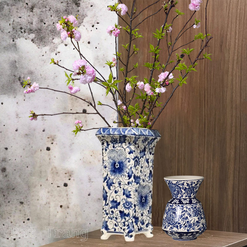 Oriental Blue and White Rectangular Vase and Flared Rim Vase