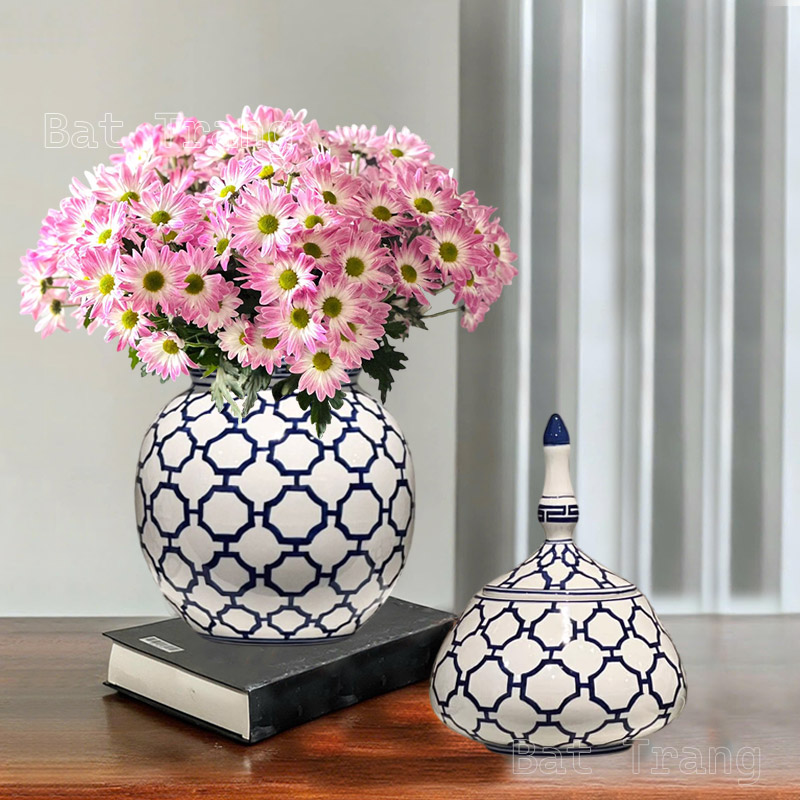Round Blue and White Ceramic Vase with Pink Chrysanthemums