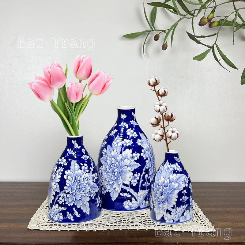 Set of 3 Blue and White Hand-Painted Peony Porcelain Vases, Small Neck, Vietnam