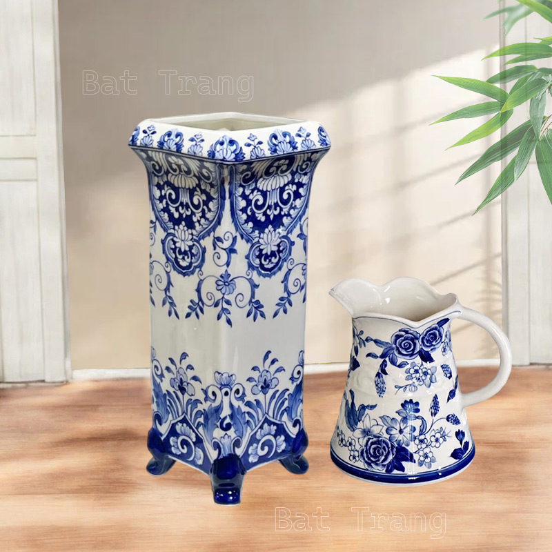 Tall Rectangular Vase and Blue White Jung Vase from Bat Trang