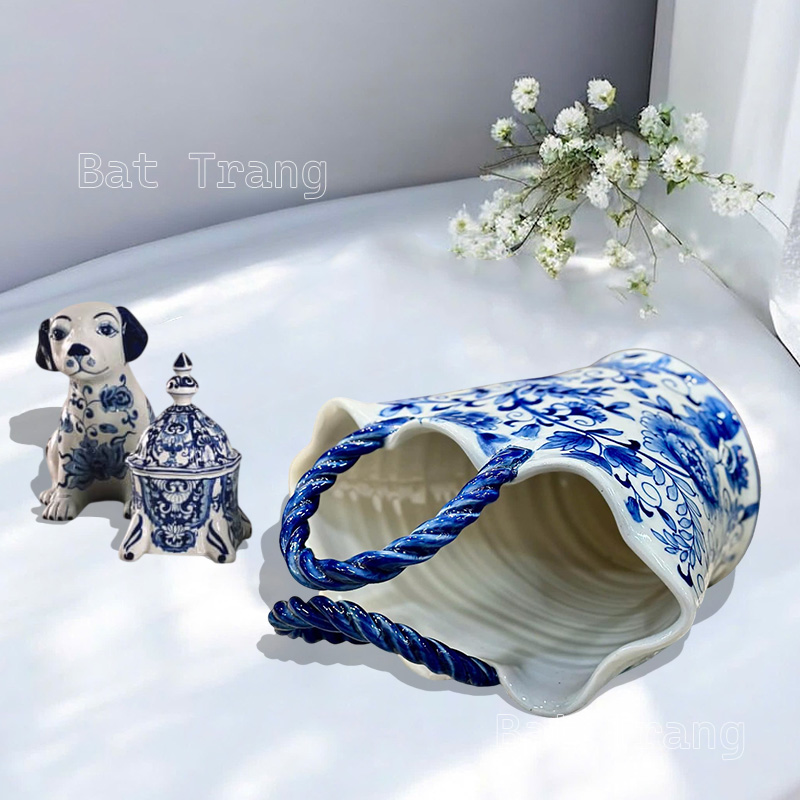 Unique Handbag Ceramic Vase With Double Handles, Blue and White Flower Vase