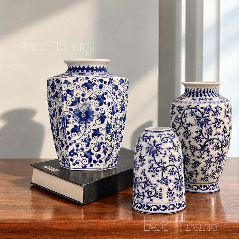 Vintage Blue and White Ceramic Vases with Hand-Painted Floral Vine and Peony Motifs