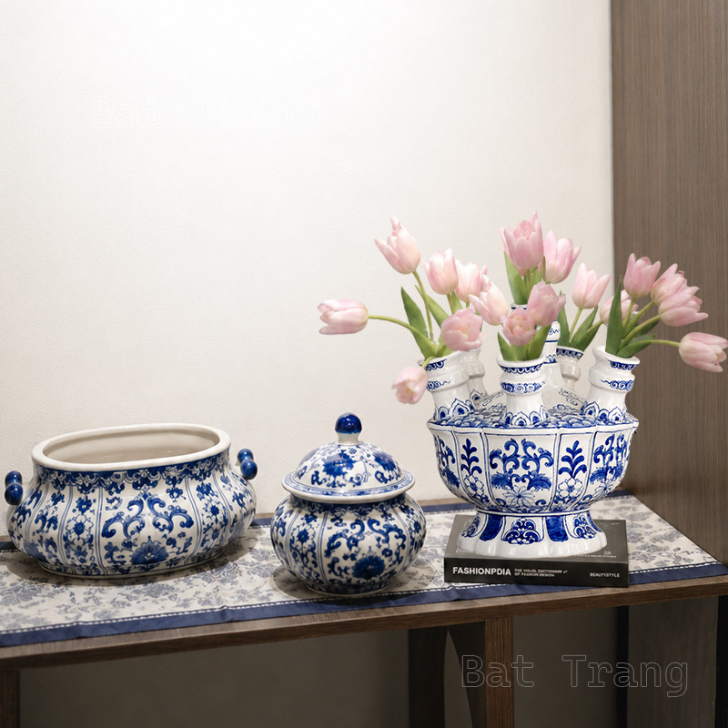 Blue and White Ceramic Tulipiere Vase, Tulipiere Delft Vase