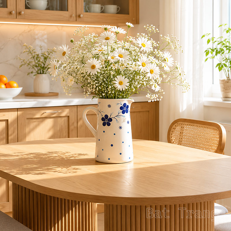 Blue and white ceramic vase with baby daisies on a farmhouse dining table