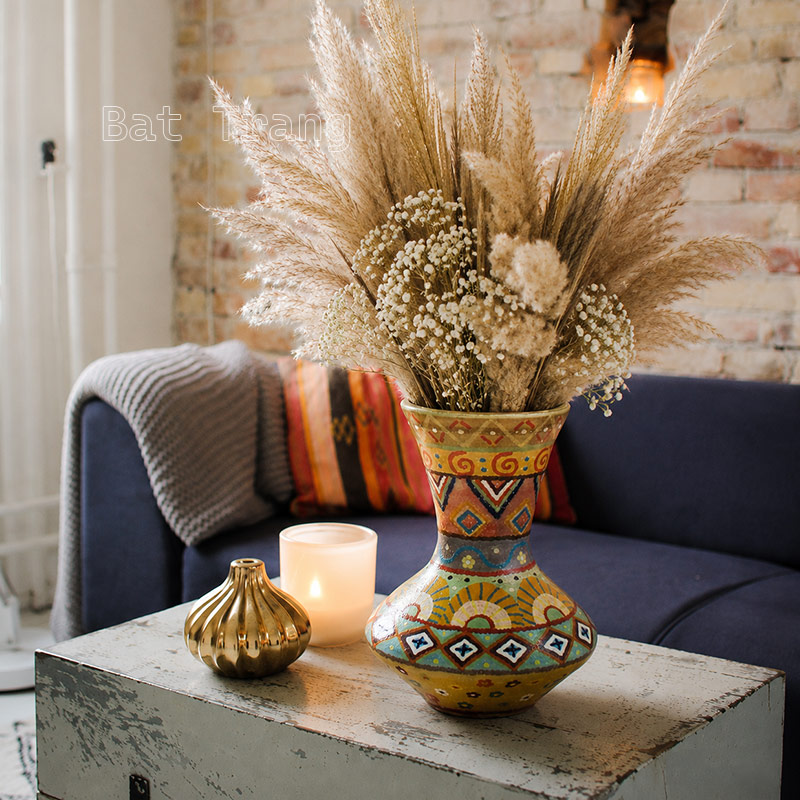 Elegant Tall-Neck Boho Ceramic Vase with Pampas Grass Table Decor