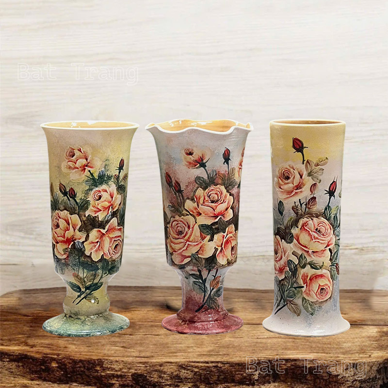 Hand Painted Rose Flower Vase, Rose Ceramic Vases For Home Decor