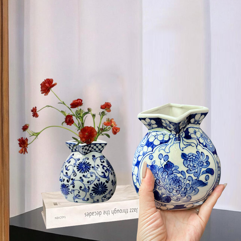 Oriental Style Blue and White Table Vase, Small Flower Vases