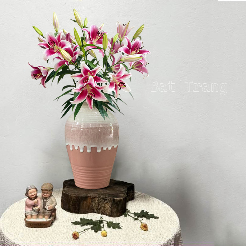 Pink ceramic table vase with lilies decor home