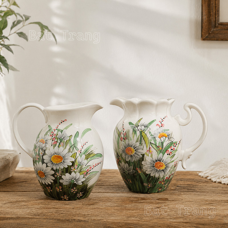 Pitcher Vase White with Wildflowers, Ceramic Flower Vase Handmade