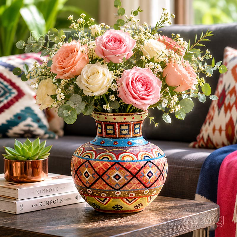 Round Boho Ceramic Vase with a Bouquet of Roses