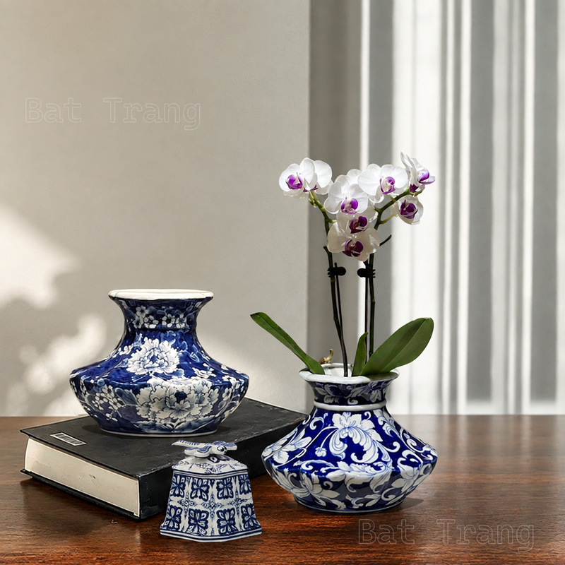 Small Blue and White Ceramic Vase with Peony Floral Design for Table Decor