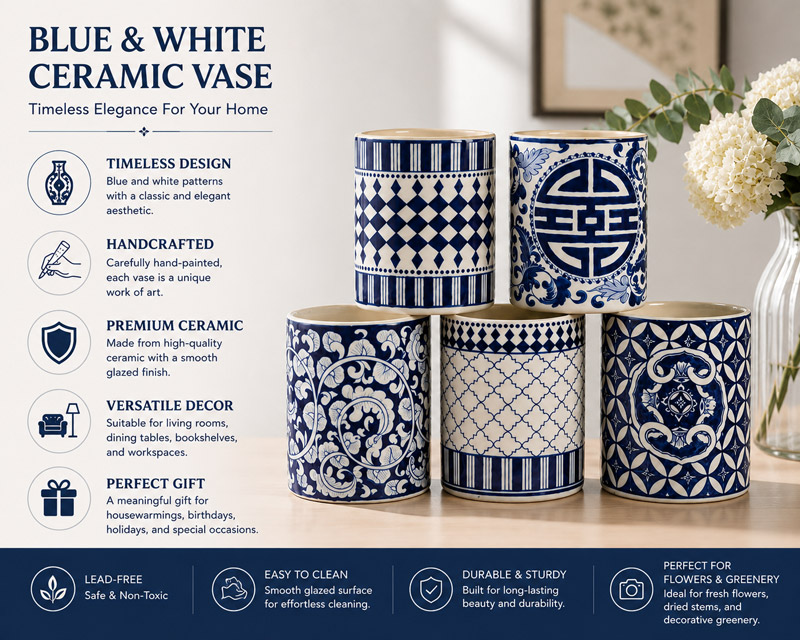 Timeless Blue and White Short Cylinder Vase Set