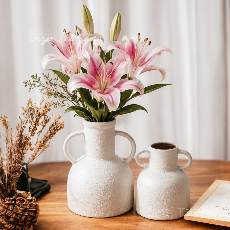 White Double Handle Vase for Coffee Table and Home Decor