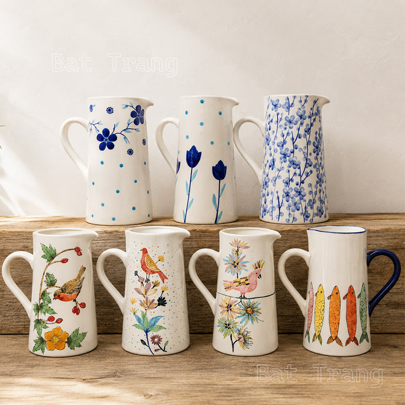 White Farmhouse Pitcher Vase Handcraft, Flower Ceramic Vase