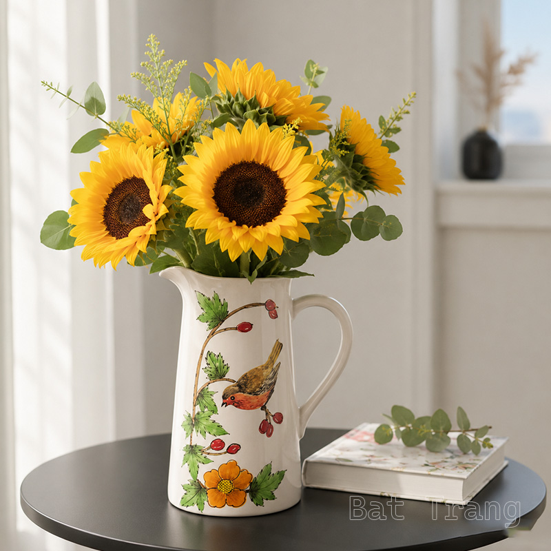 White pitcher vase with sunflowers styled alongside a decorative table book