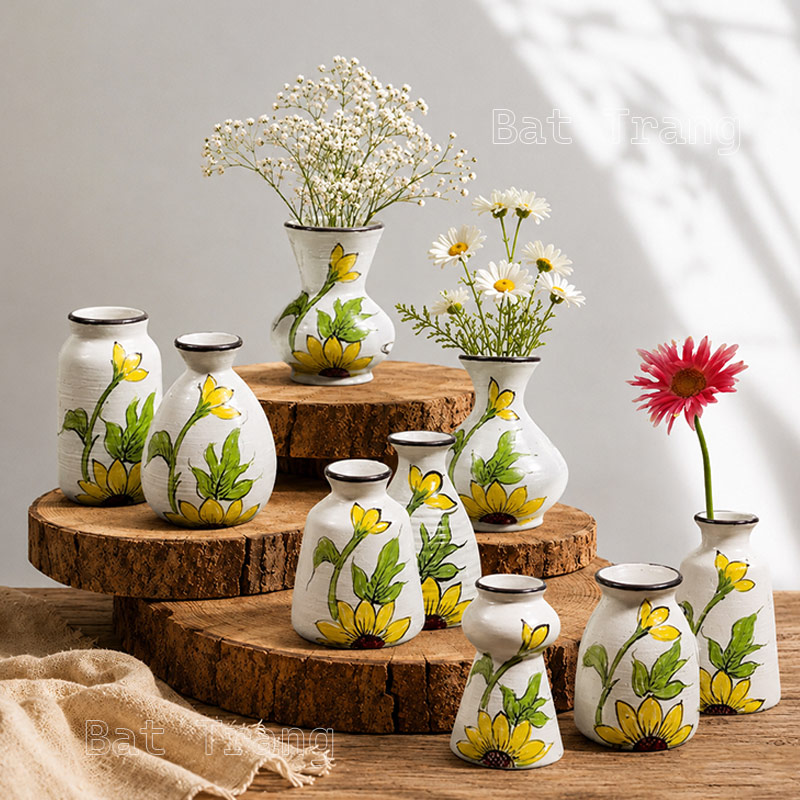 Hand-Painted Sunflower Tiny Flower Vases, Ceramic Small Vases