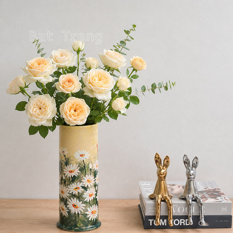 Light Yellow Cylinder Vase Styled with Roses for Table Decoration