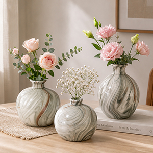 Round Marble-Pattern Ceramic Vase for Home Décor
