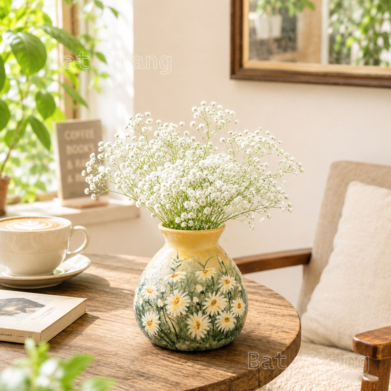 Round Vase Filled with White Baby's Breath for a Relaxing Coffee Corner