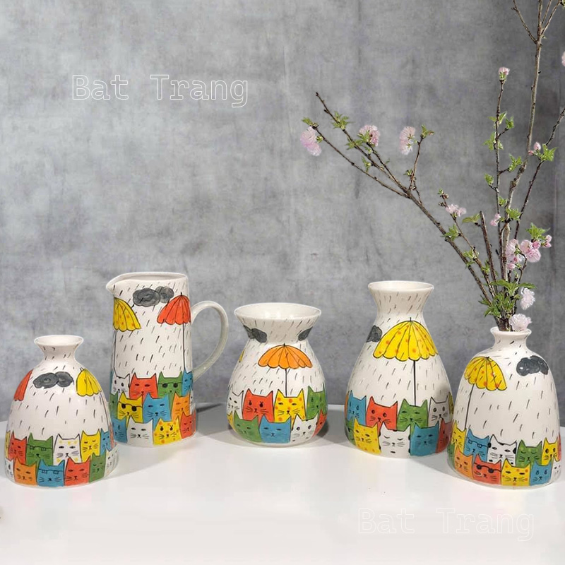 Unique Ceramic Cat Flower Vases with Umbrella Motif