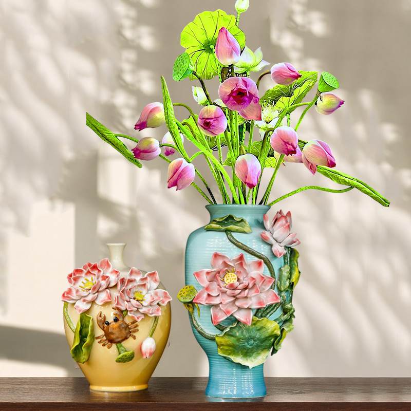 3D Embossed Ceramic Vase with a Pink Lotus Bouquet