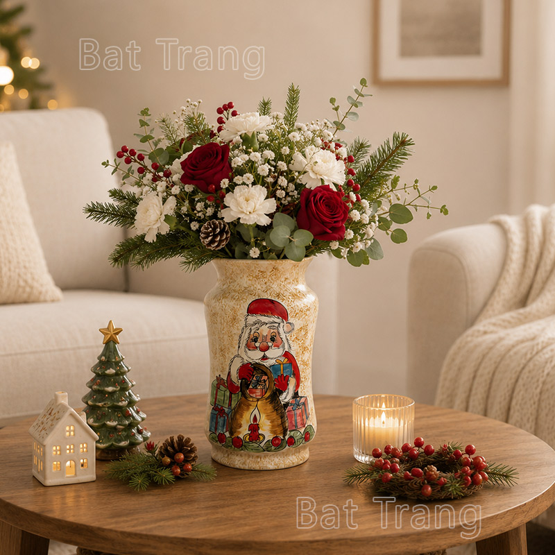Christmas Ceramic Vase with Holiday Floral Arrangement for Coffee Table Decor