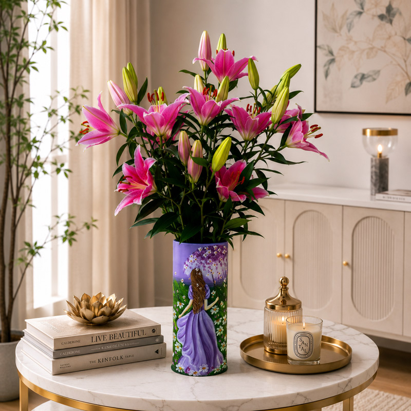 Cylinder Ceramic Vase with Pink Lilies, Books, and Candles for Table