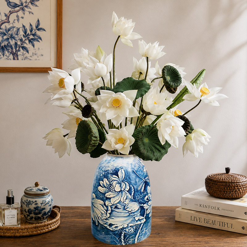 Elegant Blue & White Lotus Hand-Painted Ceramic Vase For Home Decor, Flower Vase