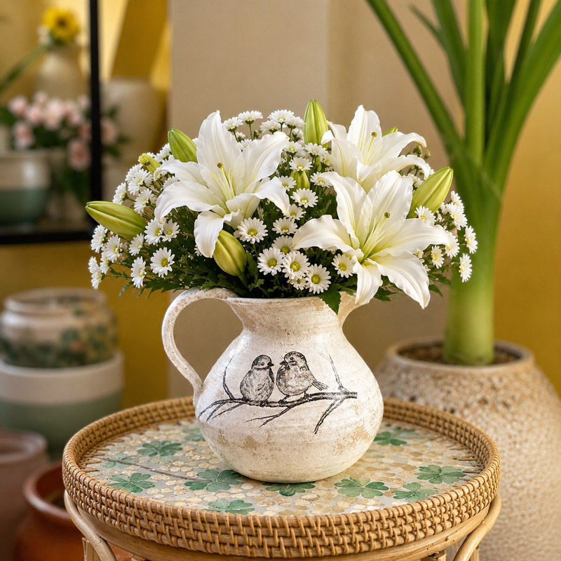 Farmhouse Ceramic Pitcher Vase with White Lilies and Daisies