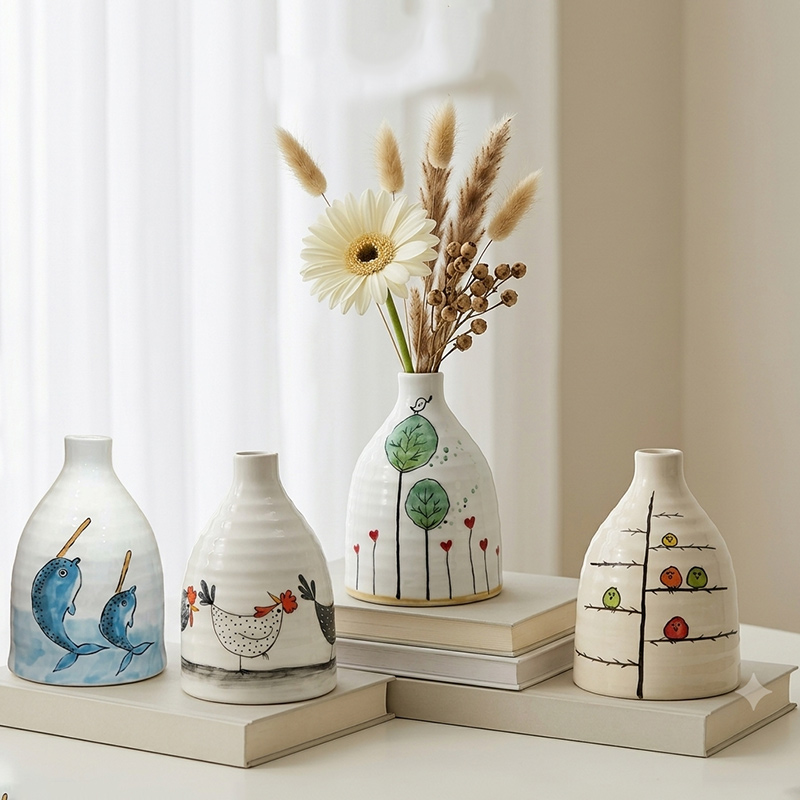 Hand-Painted Narrow Neck Ceramic Vases for Table Decoration