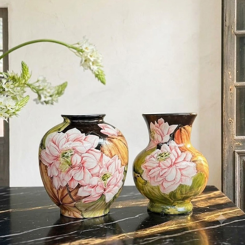 Hand-Painted Pink Lotus Ceramic Vase for Living Room, Dining Table Decor, Gift