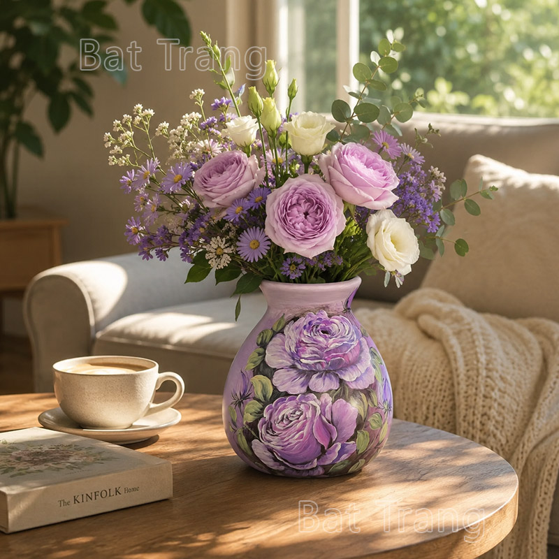 Hand-Painted Purple Rose Vase Styled on a Living Room Coffee Table