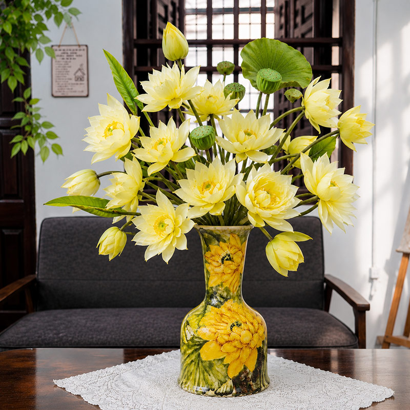 Hand-Painted Yellow Lotus Ceramic Vase for Home Decor