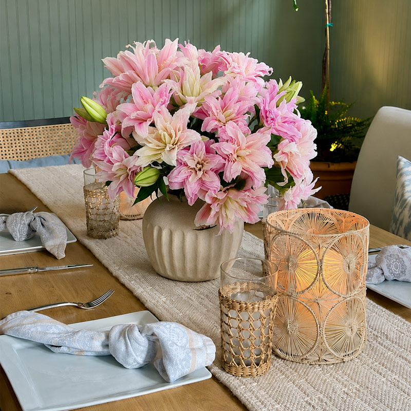 Round Ceramic Vase with Pink Lilies for Elegant Dining Table Decor