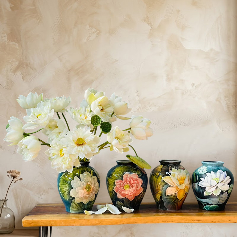 Round Hand-Painted Ceramic Vases with Colorful Lotus Designs