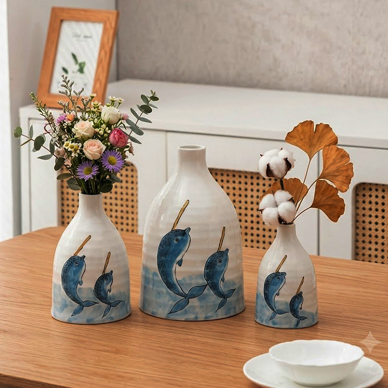 Set of 3 Blue Dolphin Ceramic Vases with Flowers for Home Decor