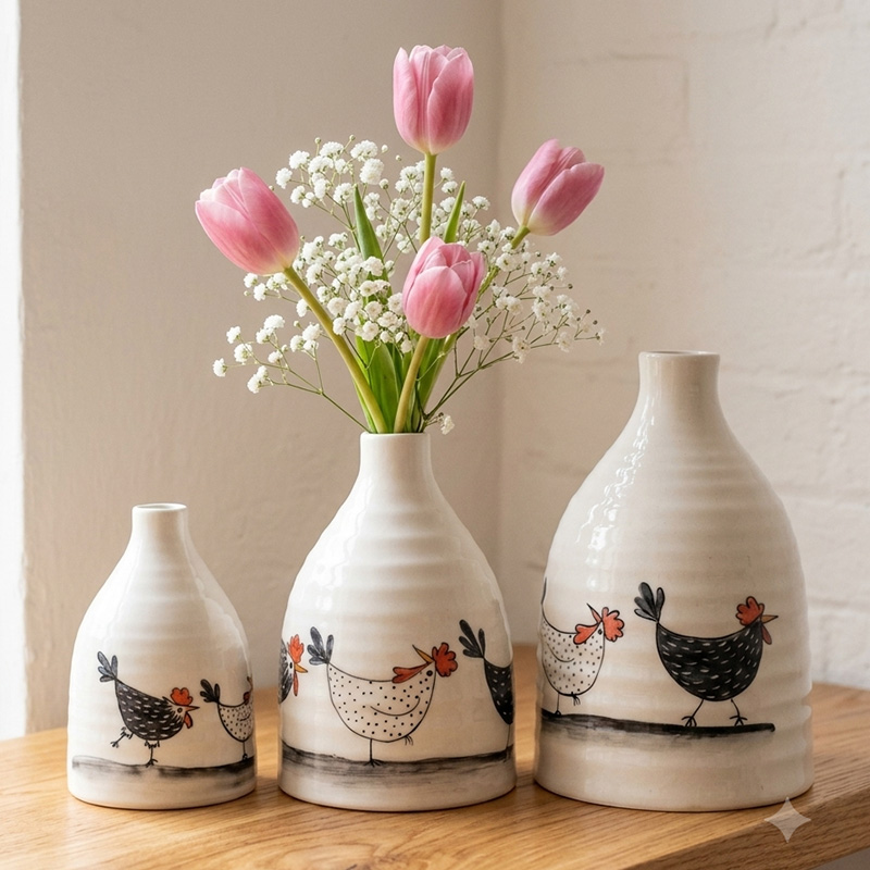 Set of 3 Hand-Painted Rooster Slim Neck Ceramic Vases