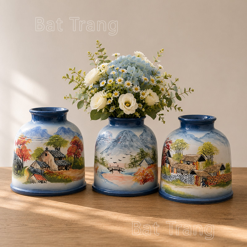 Set of Three Hand-Painted Countryside Ceramic Vases for Home Décor