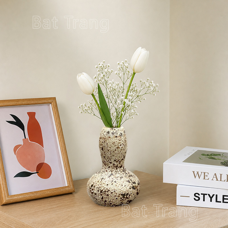 Small Vintage Ceramic Vase with White Tulips and Baby's Breath Desk Decor